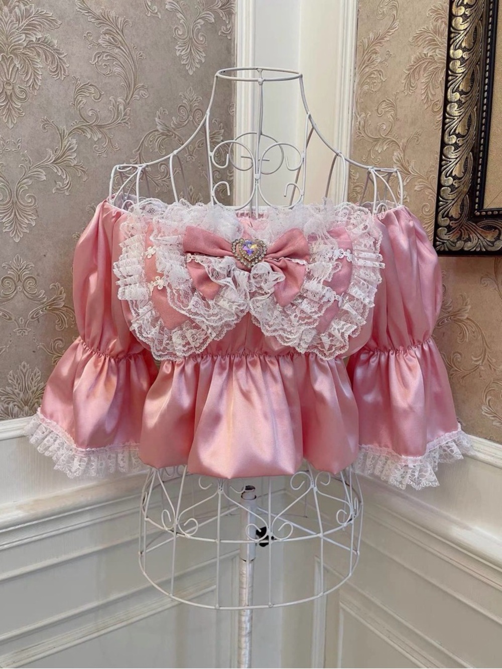 NWT Belchic Lily Black Kawaii Coquette Princess Pink Satin Lace Bow Blouse